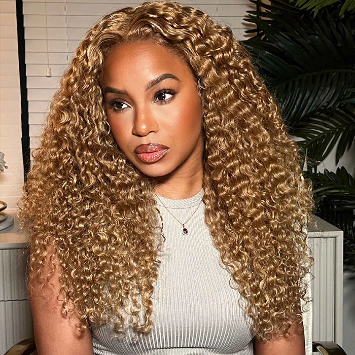QVR #27 Blonde Curly Pre Plucked Real 13x4 Lace Frontal Wigs 180% Density Deep Parting Human Hair Wigs