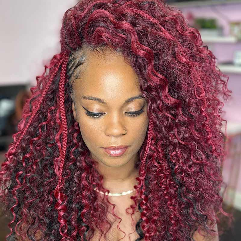 QVR Lightweight Ripple Deep Curl Burgundy Highlight Crochet Braid Hair Extensions