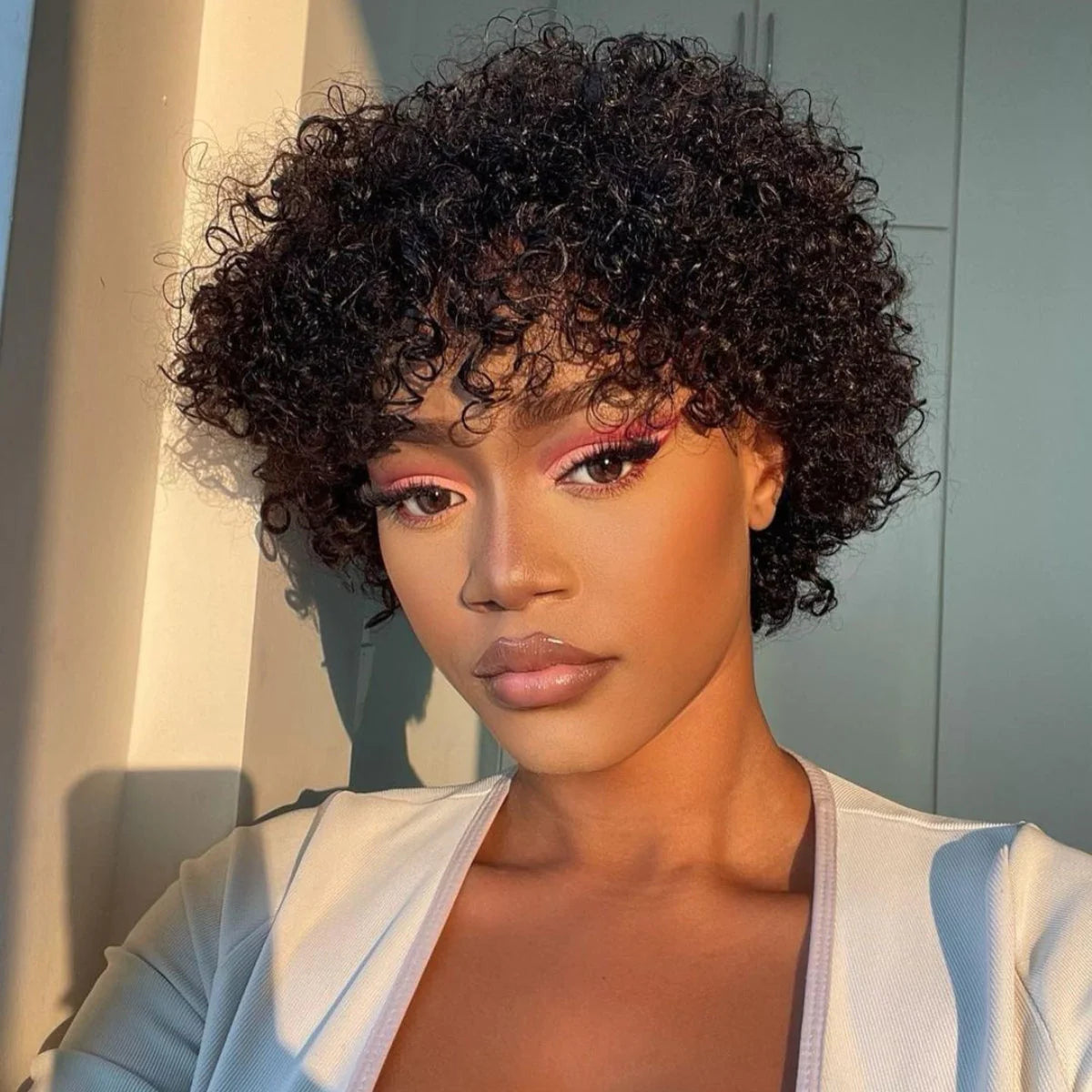 QVR Curly Short Pixie Cut Human Hair Wigs With Bangs