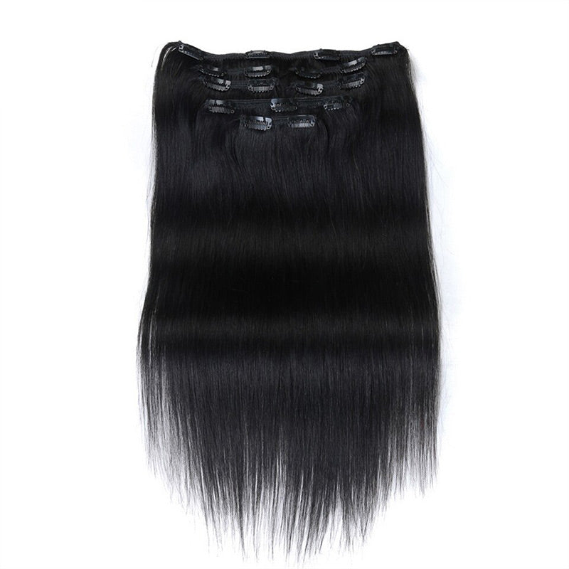 QVR Straight 7Pcs Clip in Virgin Human Hair Extensions Brazilian Natural Black Color Hair