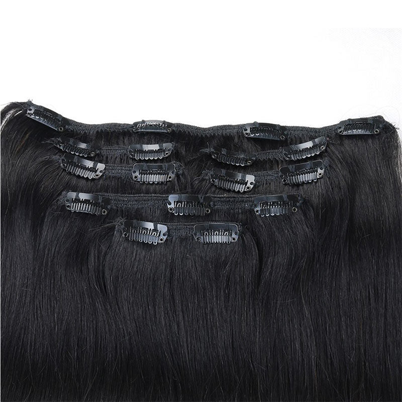 QVR Straight 7Pcs Clip in Virgin Human Hair Extensions Brazilian Natural Black Color Hair