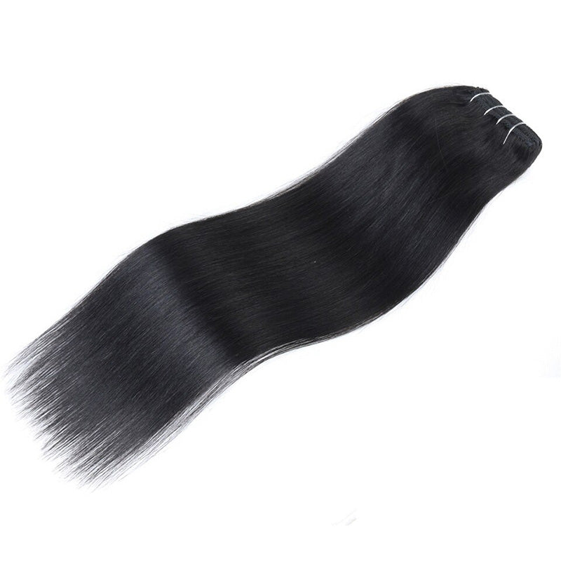 QVR Straight 7Pcs Clip in Virgin Human Hair Extensions Brazilian Natural Black Color Hair