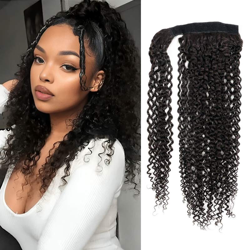 QVR Kinky Curly Ponytail Extension Human Hair Wrap Around Natural Black Clip In Ponytail Hair