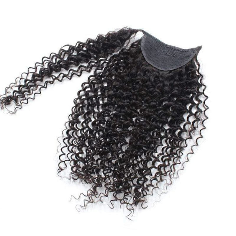 QVR Kinky Curly Ponytail Extension Human Hair Wrap Around Natural Black Clip In Ponytail Hair