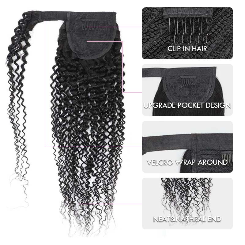 QVR Kinky Curly Ponytail Extension Human Hair Wrap Around Natural Black Clip In Ponytail Hair