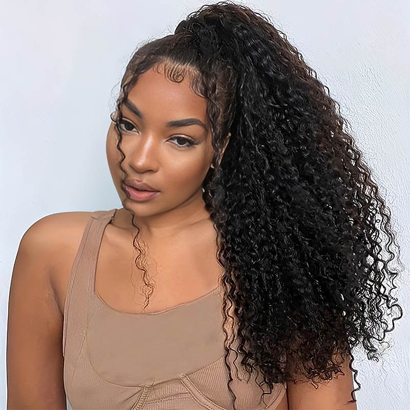 QVR Kinky Curly Ponytail Extension Human Hair Wrap Around Natural Black Clip In Ponytail Hair