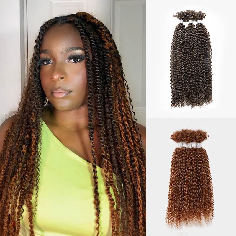 QVR Dark Brown+Auburn Brown Afro Kinky V Bulk Curly Hair for Kinky Twist Crochet Braiding Hair