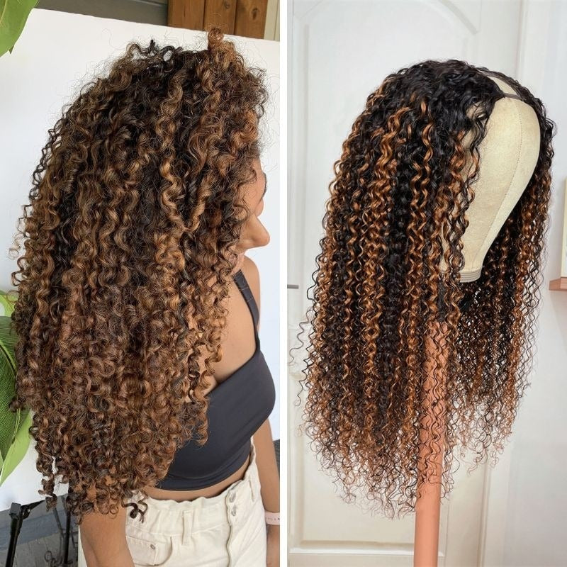 QVR Glueless Curly V Part Wig Balayage Highlights Beginner Friendly Upgrade U Part Wig