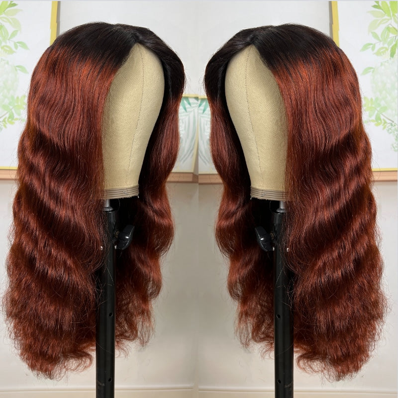 QVR Glueless Ombre Reddish Brown Color Glueless V Part Body Wave Wigs 1B/33 Human Hair Wigs WIth Dark Roots