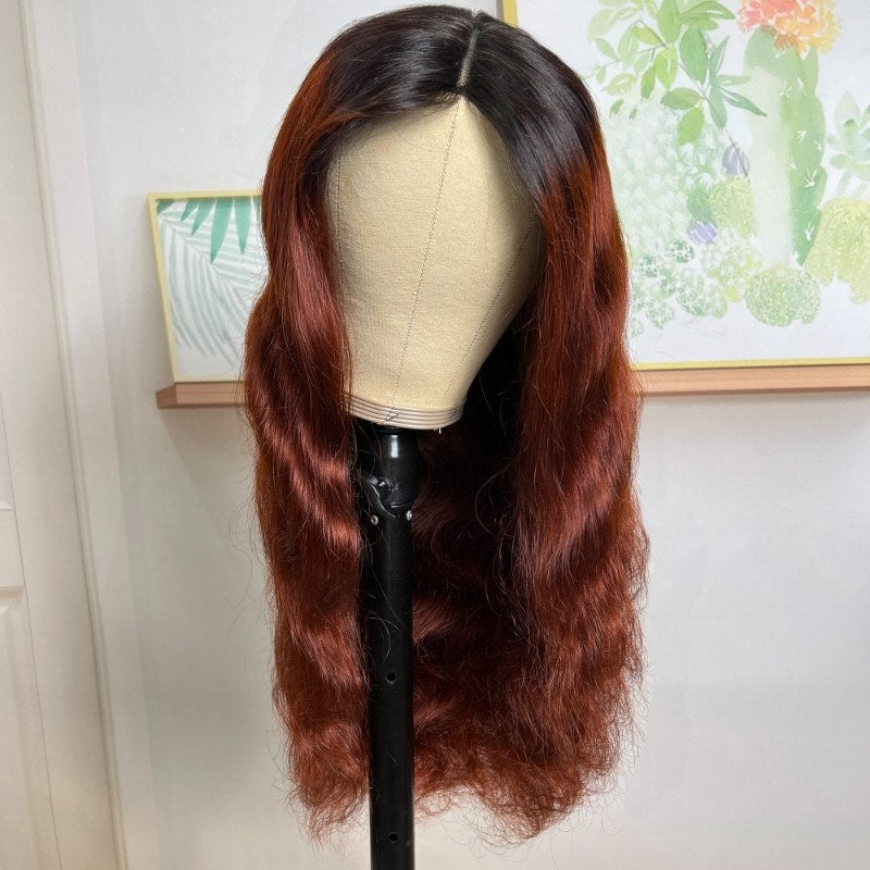 QVR Glueless Ombre Reddish Brown Color Glueless V Part Body Wave Wigs 1B/33 Human Hair Wigs WIth Dark Roots