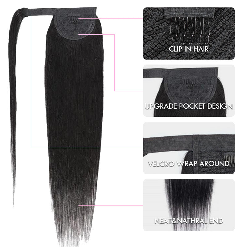 QVR Straight Ponytail Extension Human Hair Wrap Around Natural Black Clip In Ponytail Hair