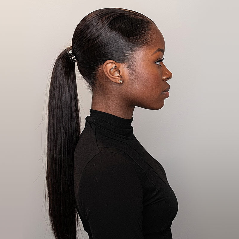 QVR Straight Ponytail Extension Human Hair Wrap Around Natural Black Clip In Ponytail Hair