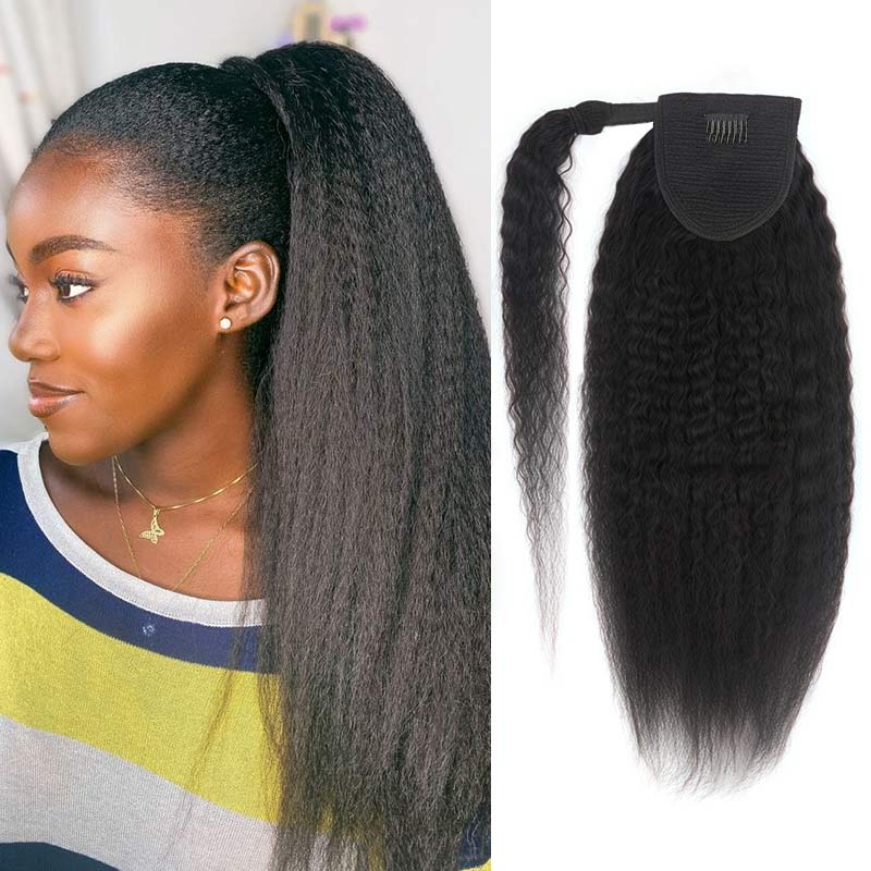 QVR Straight Ponytail Extension Human Hair Wrap Around Natural Black Clip In Ponytail Hair