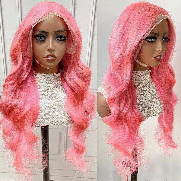 QVR Body Wave Wigs Virgin Human Hair Pink Colored Wig 13x4 Transparent Lace Front with Pre-Plucked