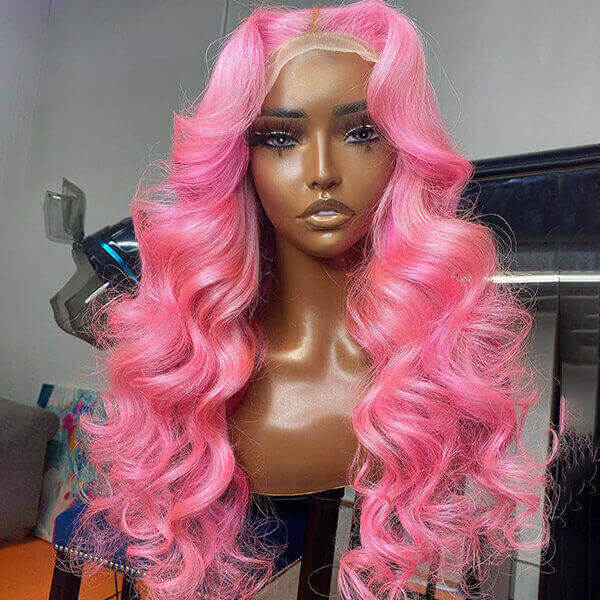QVR Body Wave Wigs Virgin Human Hair Pink Colored Wig 13x4 Transparent Lace Front with Pre-Plucked