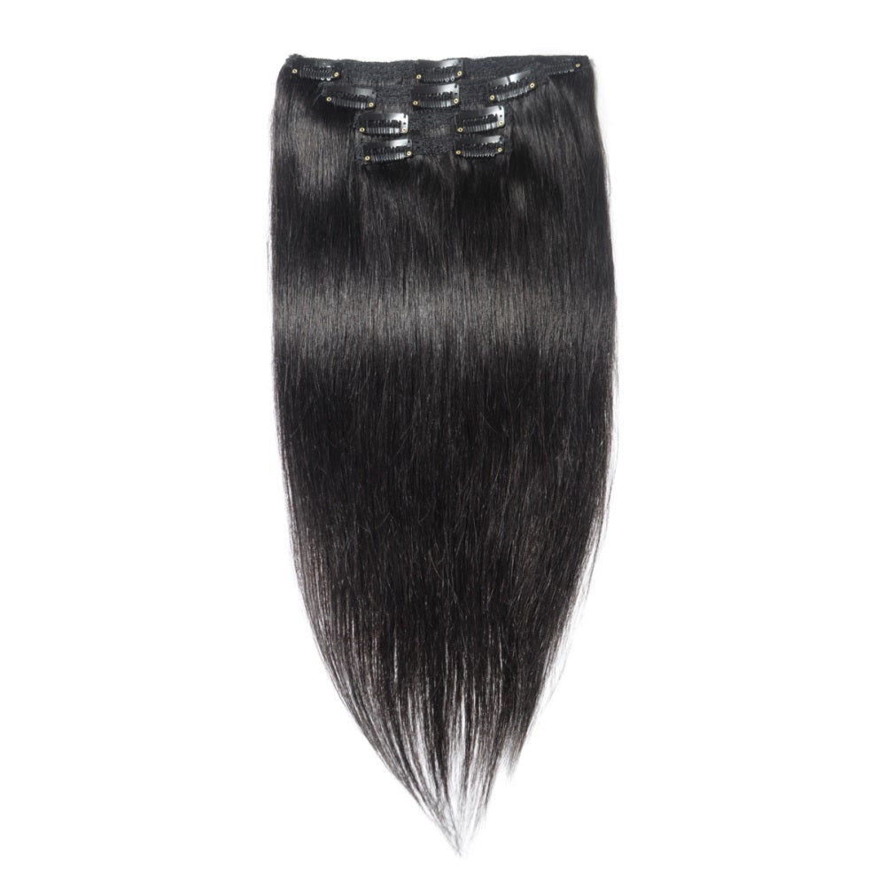 QVR #1 Jet Black Straight/Body Wave 7Pcs Clip in Hair Extensions