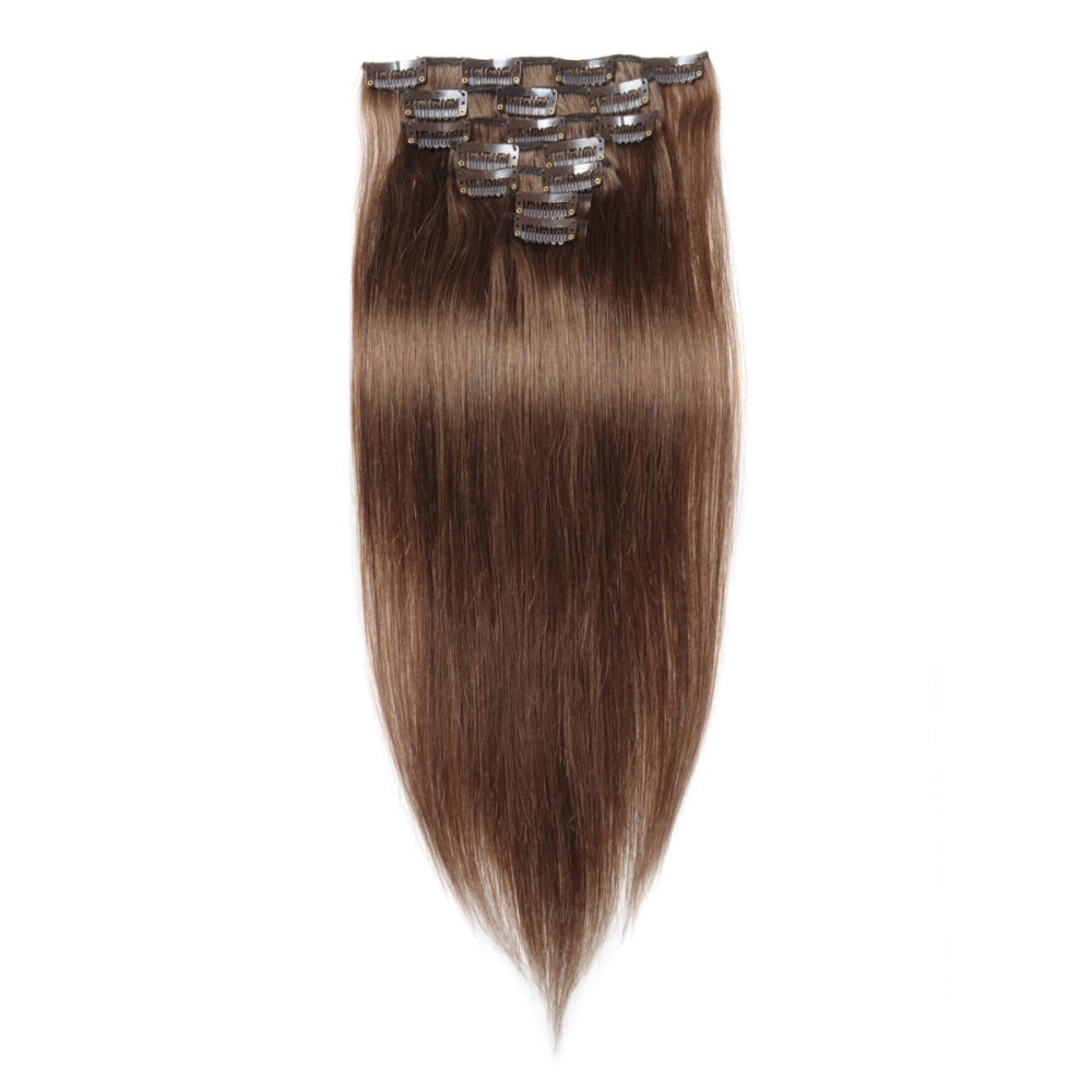 QVR #8 Light Brown Straight/Body Wave 7Pcs Clip in Hair Extensions