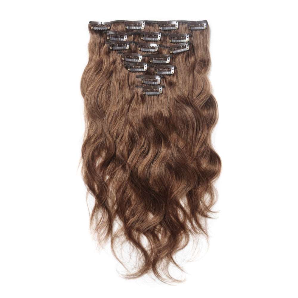 QVR #8 Light Brown Straight/Body Wave 7Pcs Clip in Hair Extensions