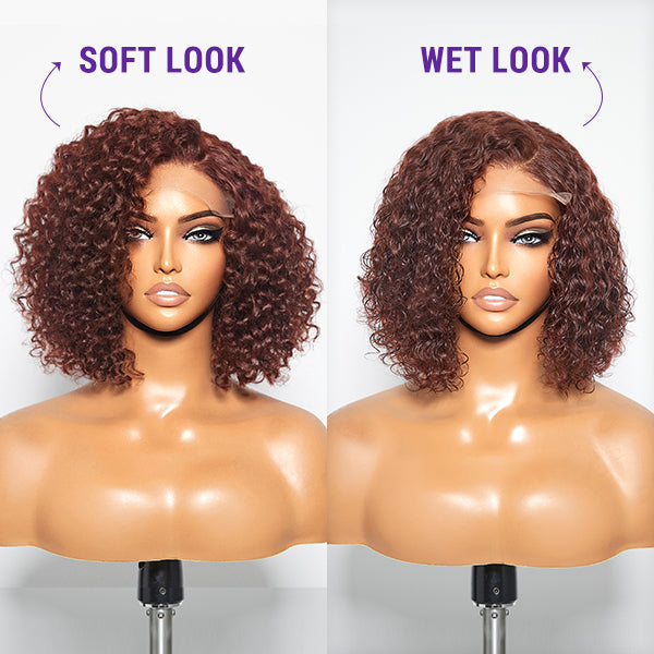 QVR Reddish Brown Water Wave C Lace Glueless Left Part Short Bob Wigs