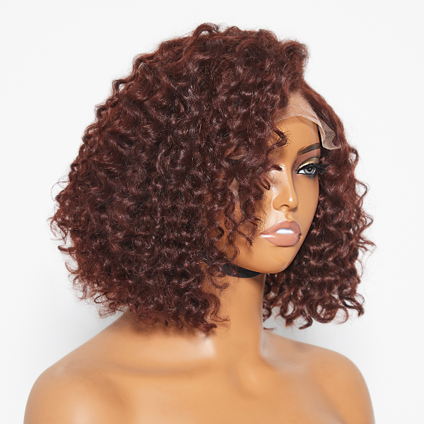 QVR Reddish Brown Water Wave C Lace Glueless Left Part Short Bob Wigs