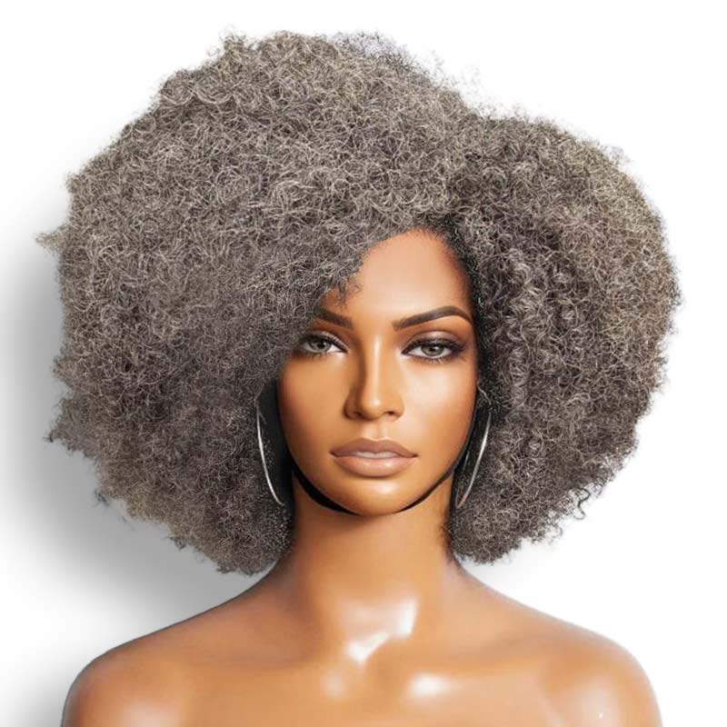 QVR Salt and Pepper Side Part Afro Curl Bouncy Human Hair Machine Made Glueless Wig