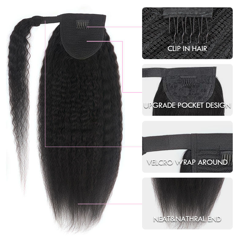 QVR Kinky Straight Ponytail Extension Human Hair Wrap Around Natural Black Clip In Ponytail Hair
