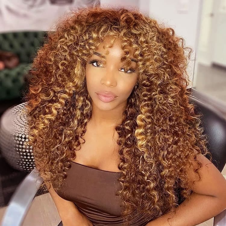 VIP Exclusive|Highlight Curly No Lace Piano #4/27 Color Glueless Machine Made Wig With Bangs