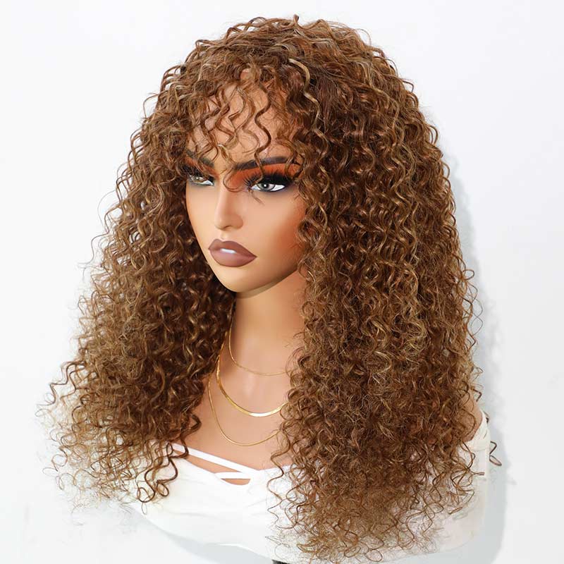 VIP Exclusive|Highlight Curly No Lace Piano #4/27 Color Glueless Machine Made Wig With Bangs