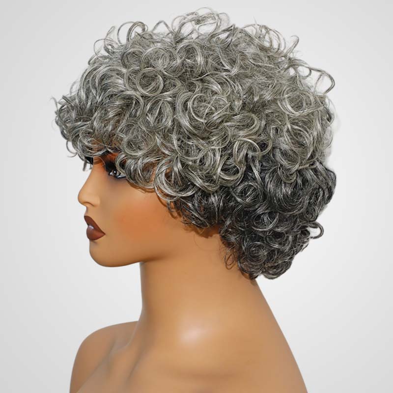 QVR Grey Curly Short Human Hair Wigs With Bang for Black Women