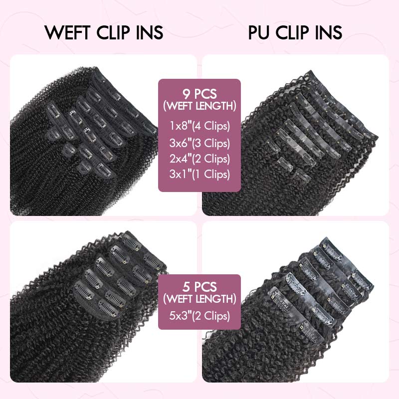 QVR Invisible 9PCS Weft Clip In Hair Extensions 5PCS Volumizer Afro Kinky Curly PU Clip In Human Hair