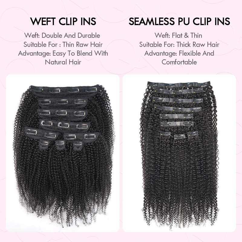 QVR Invisible 9PCS Weft Clip In Hair Extensions 5PCS Volumizer Afro Kinky Curly PU Clip In Human Hair