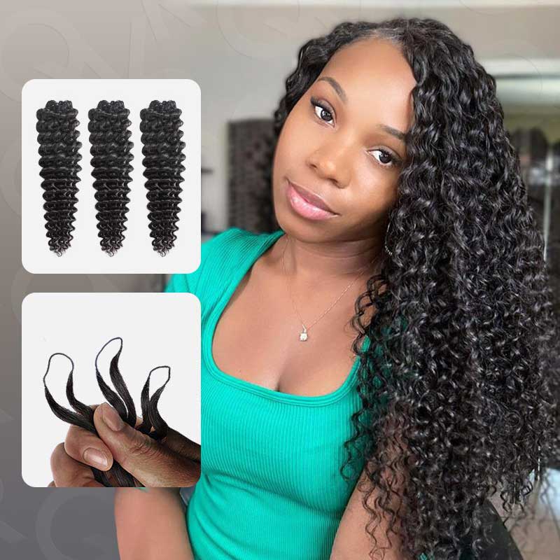 QVR Seamless Deep Curly Handmade Feather Crochet Braid Natural Black Human Hair Extensions