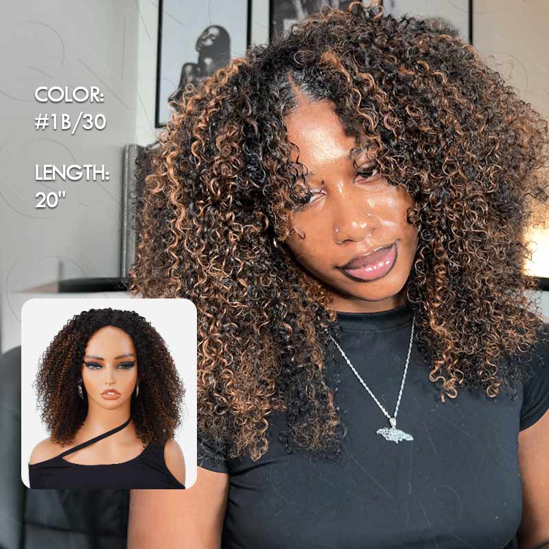 QVR Invisible Lace Edge Kinky Curly V Part Wigs Highlight #1B/30 No Leave Out Human Hair Wig