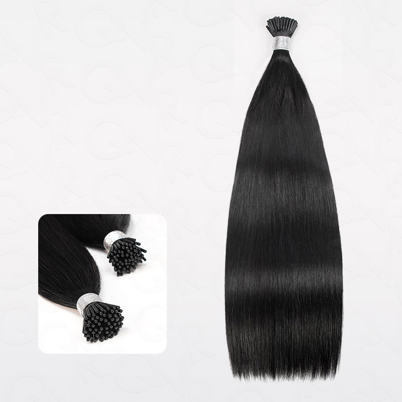 QVR Silk Straight I Tip Hair Extensions Natural Black Human Hair