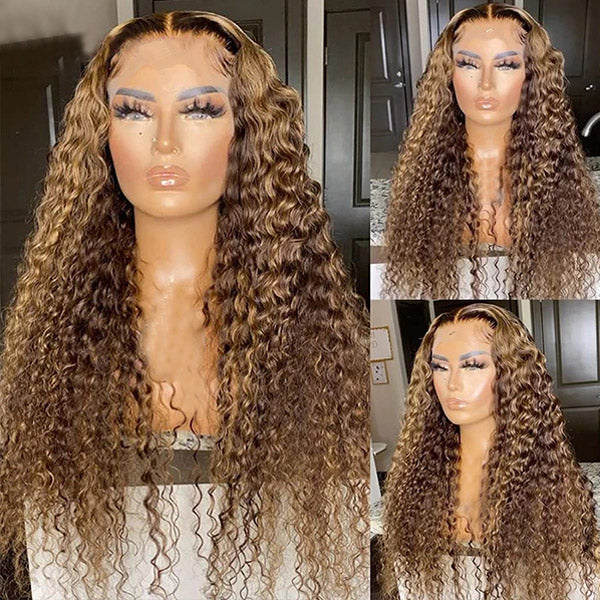 QVR 30Inch Highlight Wigs Deep Wave 13x4 HD Lace Front Wigs Ombre Honey Blonde Human Hair Wigs
