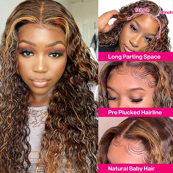 QVR 30Inch Highlight Wigs Deep Wave 13x4 HD Lace Front Wigs Ombre Honey Blonde Human Hair Wigs