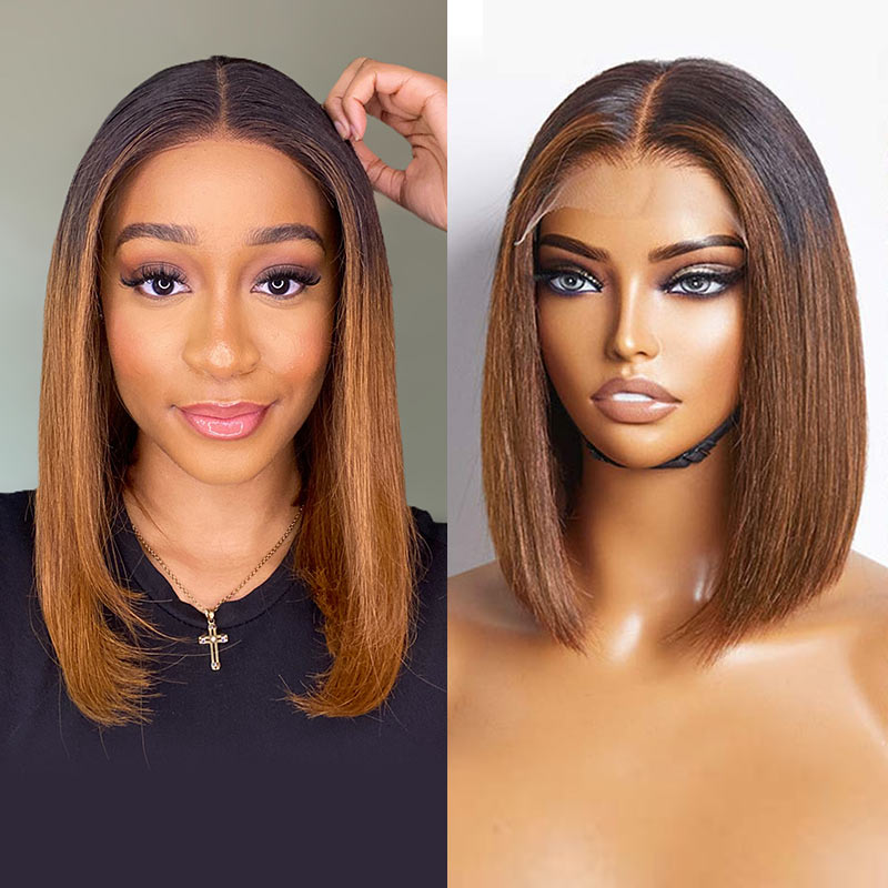 Straight Ombre Brown Blunt Cut 4x4 Short Bob Wigs