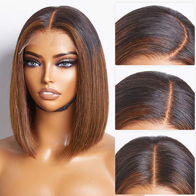 Straight Ombre Brown Blunt Cut 4x4 Short Bob Wigs