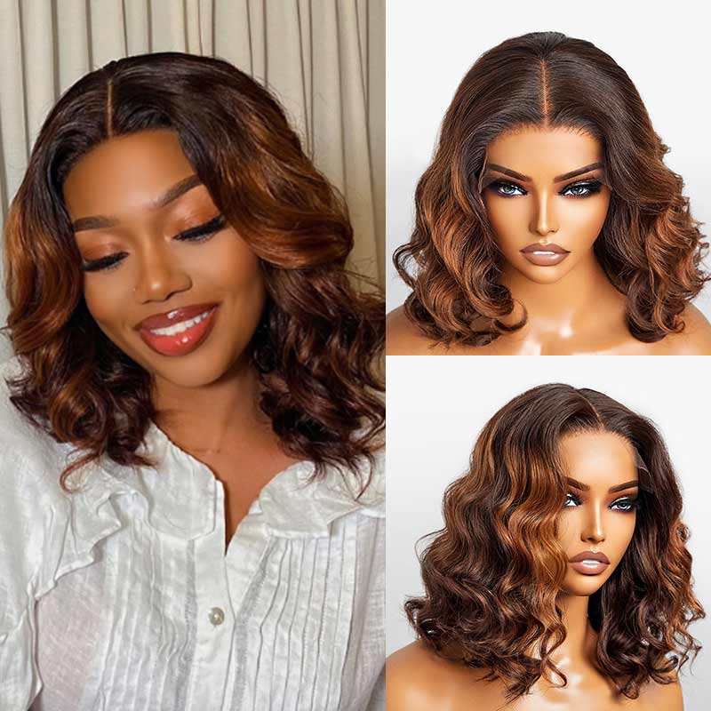 Straight Ombre Brown Blunt Cut 4x4 Short Bob Wigs