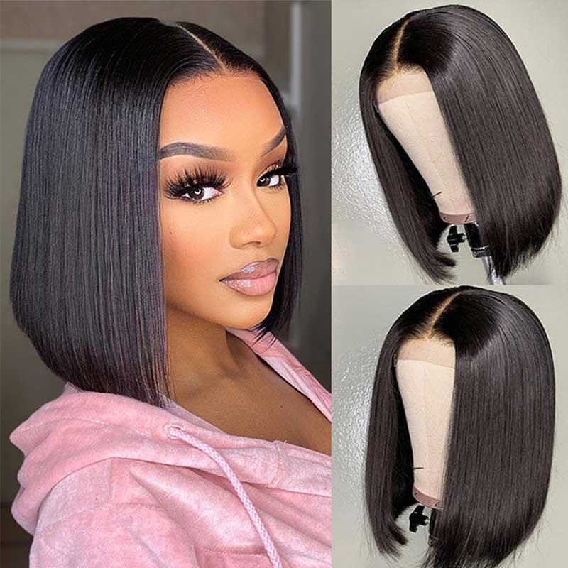 QVR Glueless Pre-cut 4x6 HD Lace Closure Human Hair Short Bob Wigs Straight Wear and Go Wigs