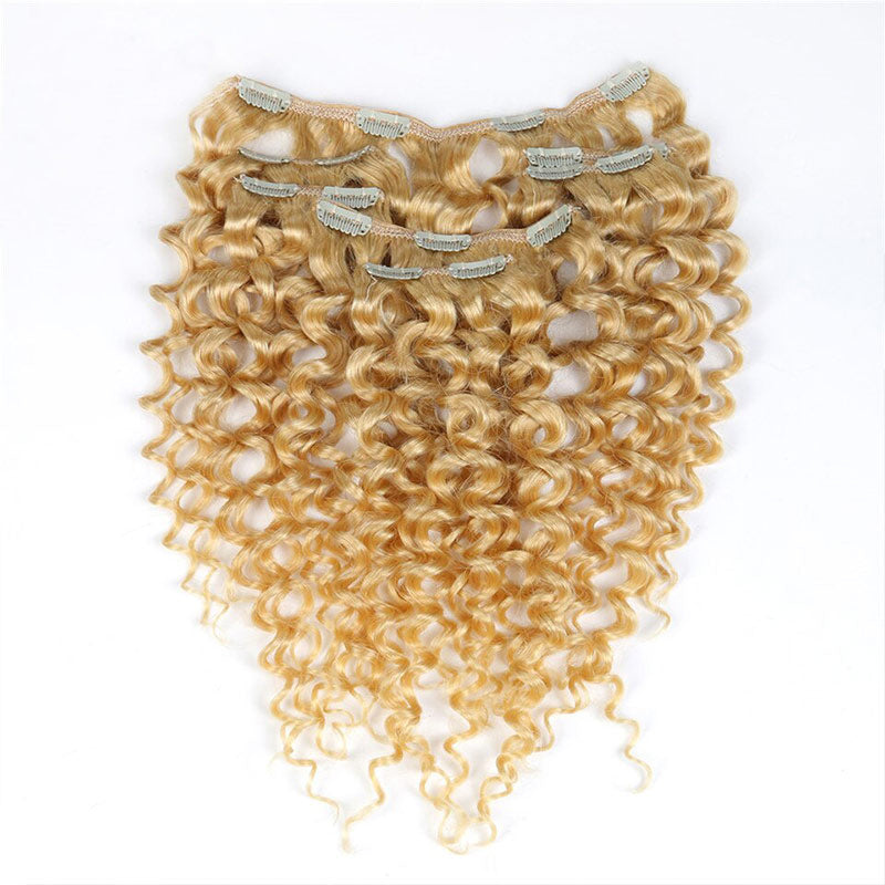 QVR #613 Hair 7Pcs Clip in Hair Extension Brazilian Jerry Curly Blonde Color Virgin Human Hair