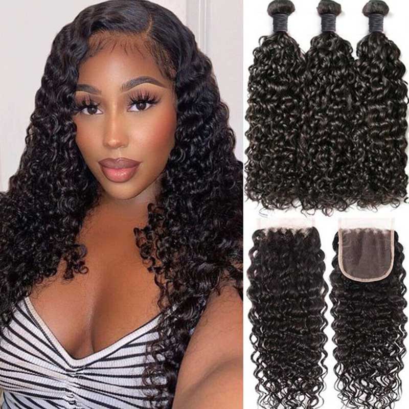 Queen Remy Human Hair Water Wave Bundles Deep Wave Jerry Curly Kinky Curly 3 Bundles With Closure 4x4 Lace Closure