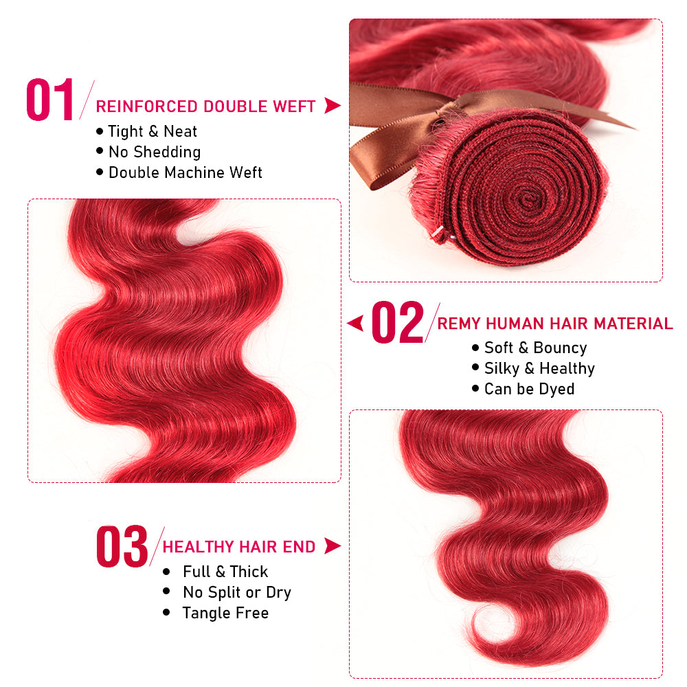 QVR Red Color Brazilian Body Wave Bundles With Closure Remy Hair Weave Bunldes Hair Extension For Black Women