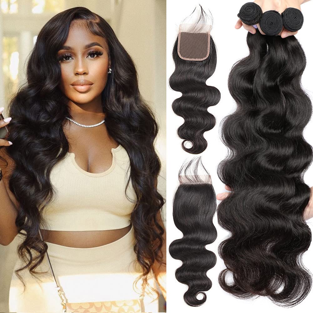 QVR Body Wave Bundles With Closure Virgin Brazilian Hair Weave 3 Bundles With Closure Natural Color 40"