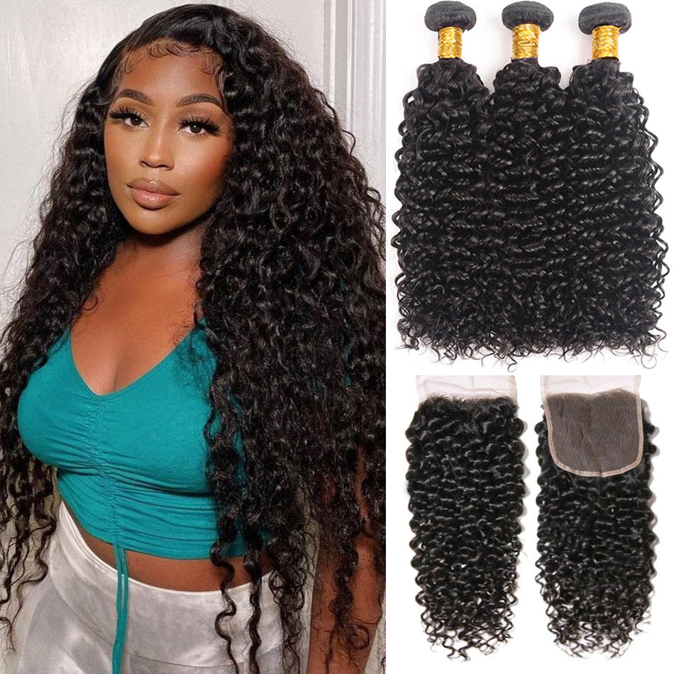 Remy Jerry Curl Human Hair Natural Black 3/4 Bundles With 4x4 Lace Closure