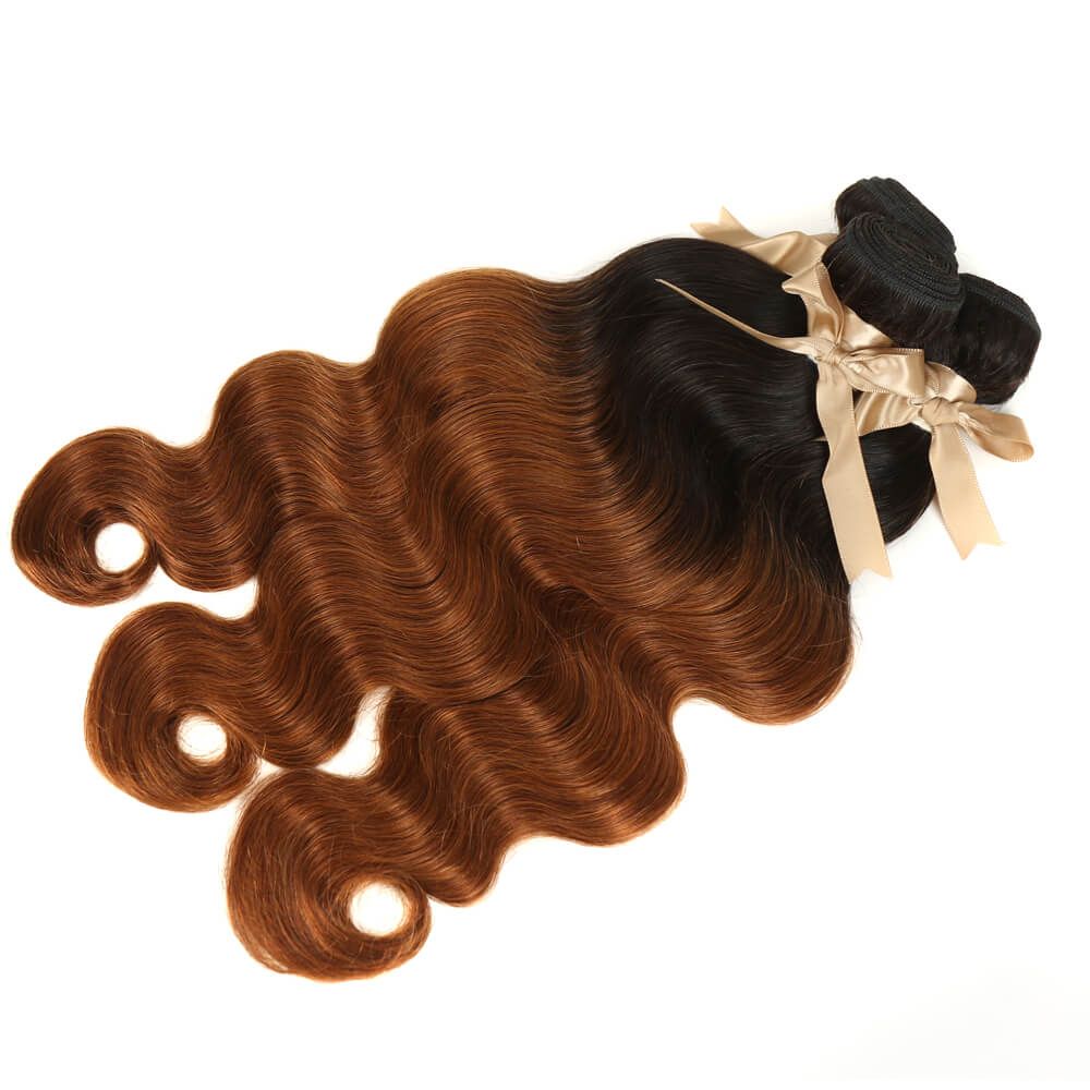 QVR Body Wave Bundles With Closure Remy Human Hair 3 bundles with 4*4 Lace Closure Ombre Brown Color T1B/30