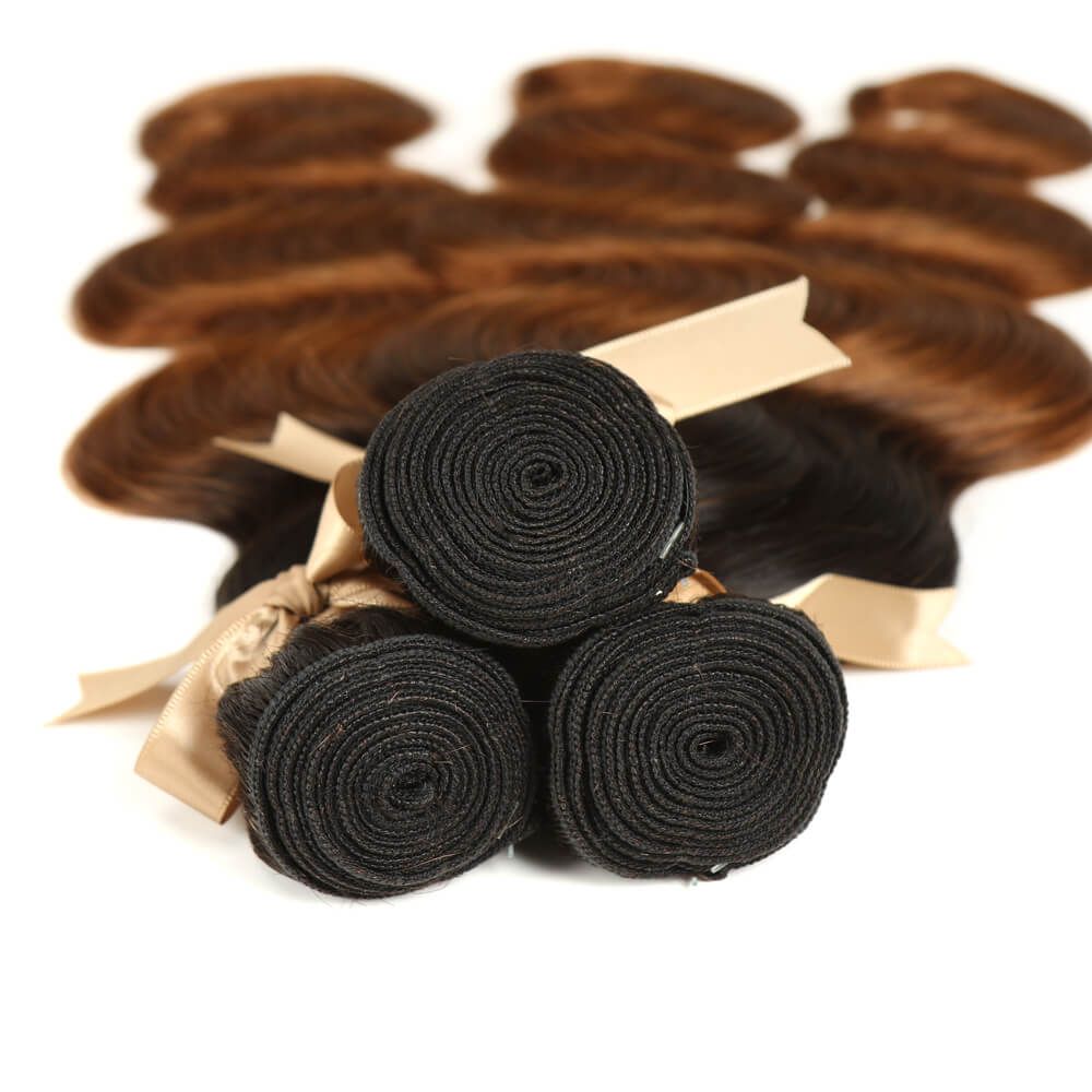 QVR Body Wave Bundles With Closure Remy Human Hair 3 bundles with 4*4 Lace Closure Ombre Brown Color T1B/30