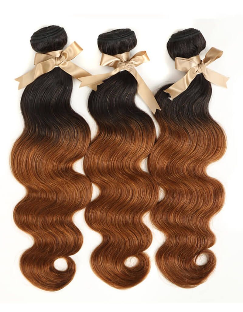 QVR Body Wave Bundles With Closure Remy Human Hair 3 bundles with 4*4 Lace Closure Ombre Brown Color T1B/30