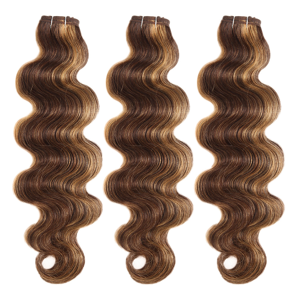QVR Body Wave Human Hair Weave 3 Bundles with Closure Virgin Hair Highlight Piano Brown Blonde Color