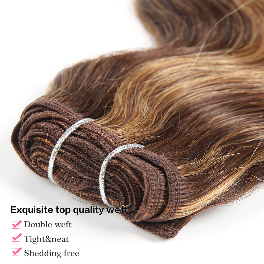 QVR Body Wave Human Hair Weave 3 Bundles with Closure Virgin Hair Highlight Piano Brown Blonde Color